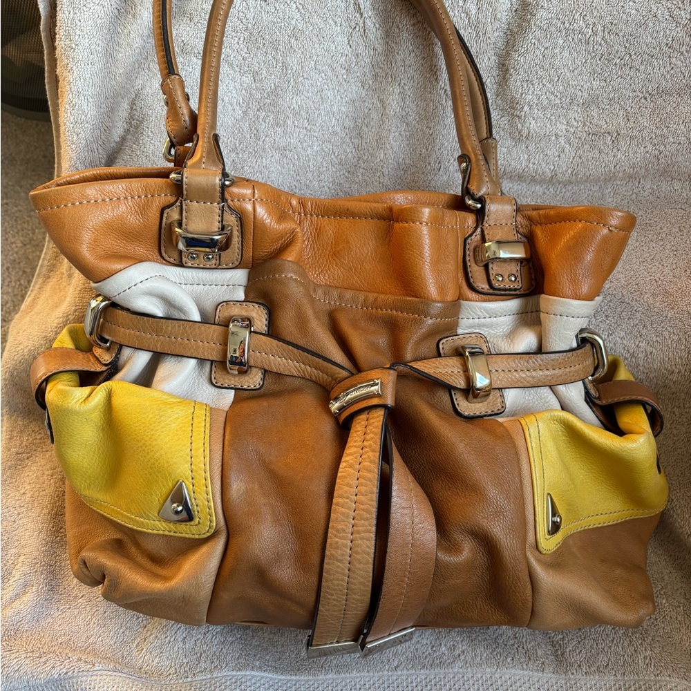 B. Makowsky Stylish Leather Tote Bag - Brown and Yellow